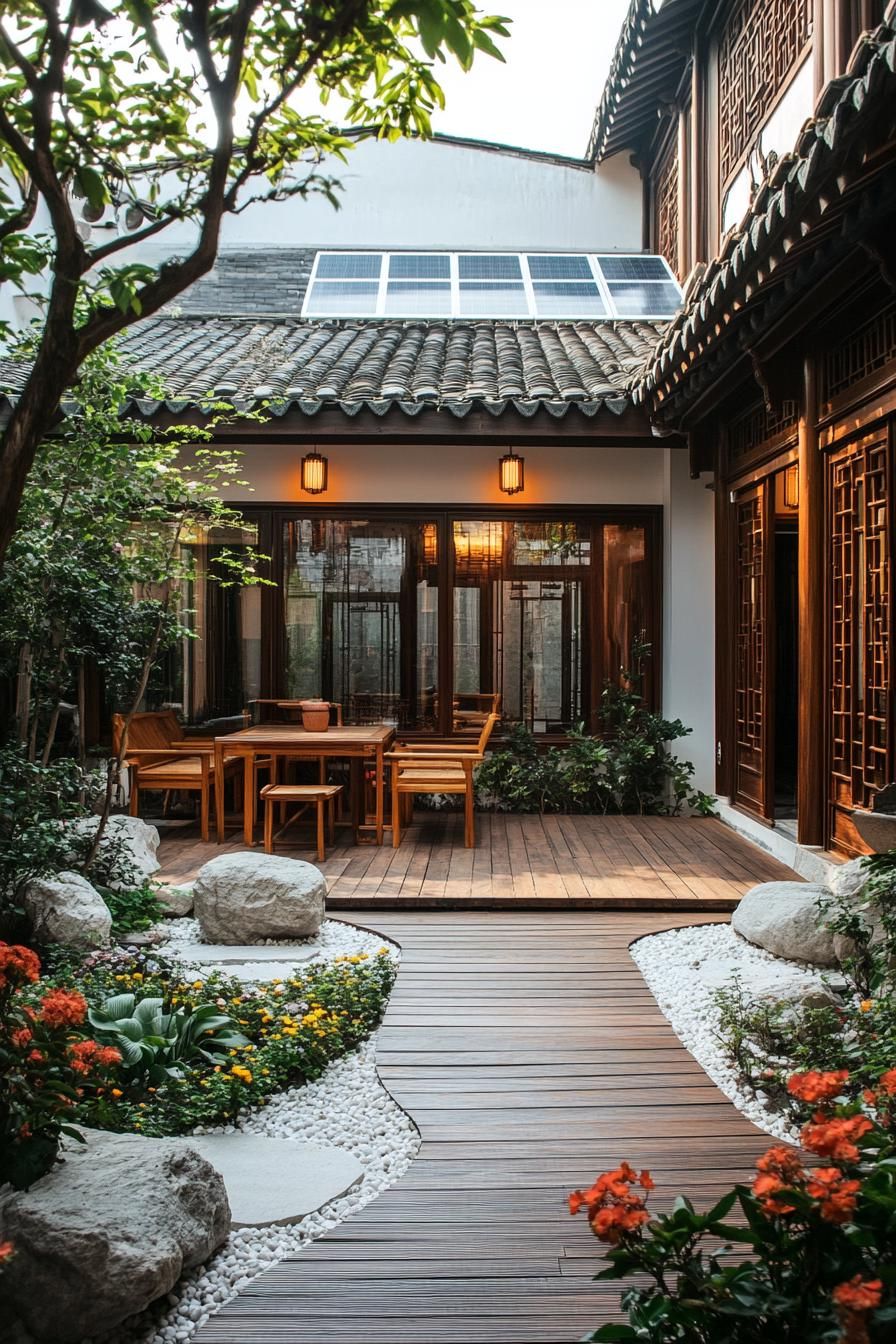 chinese inner courtyard wooden deck wooden furniture garden rocks flower bushes chinese detailing solar panel visible on the roof 3