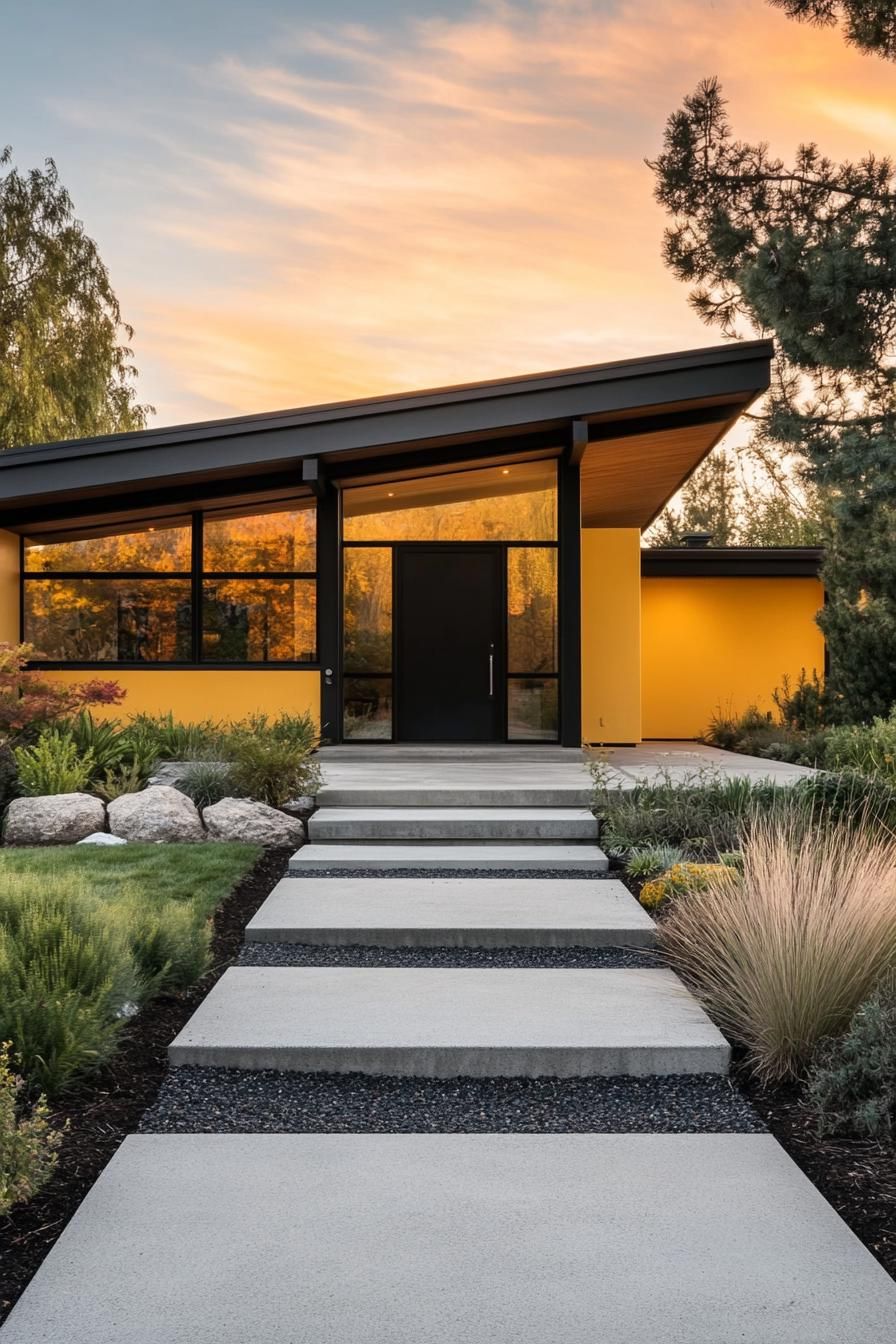 mid century modern house facade in mustard yellow color with charred accents
