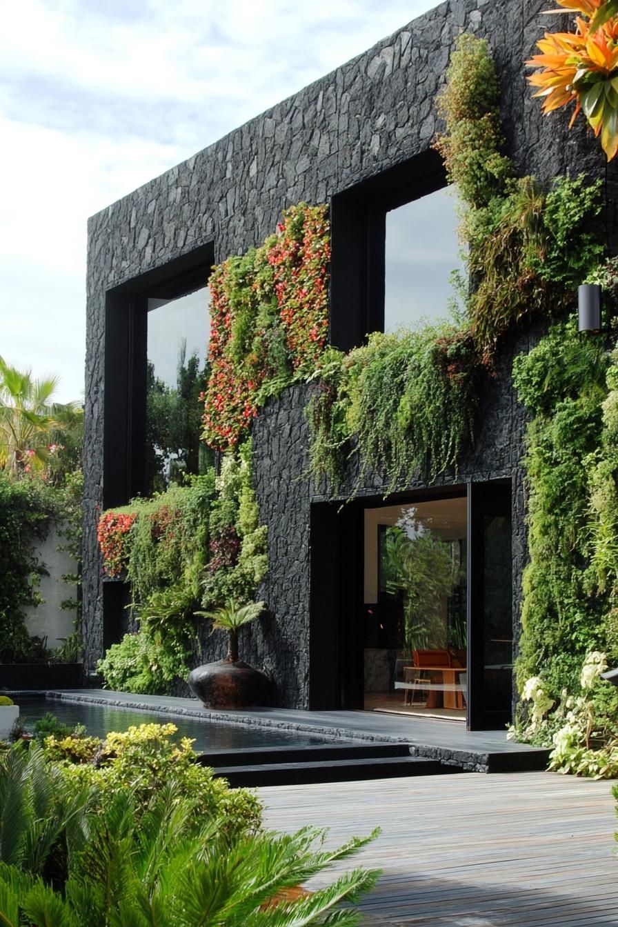 Shadowy, Textured Stone With Lush Greenery