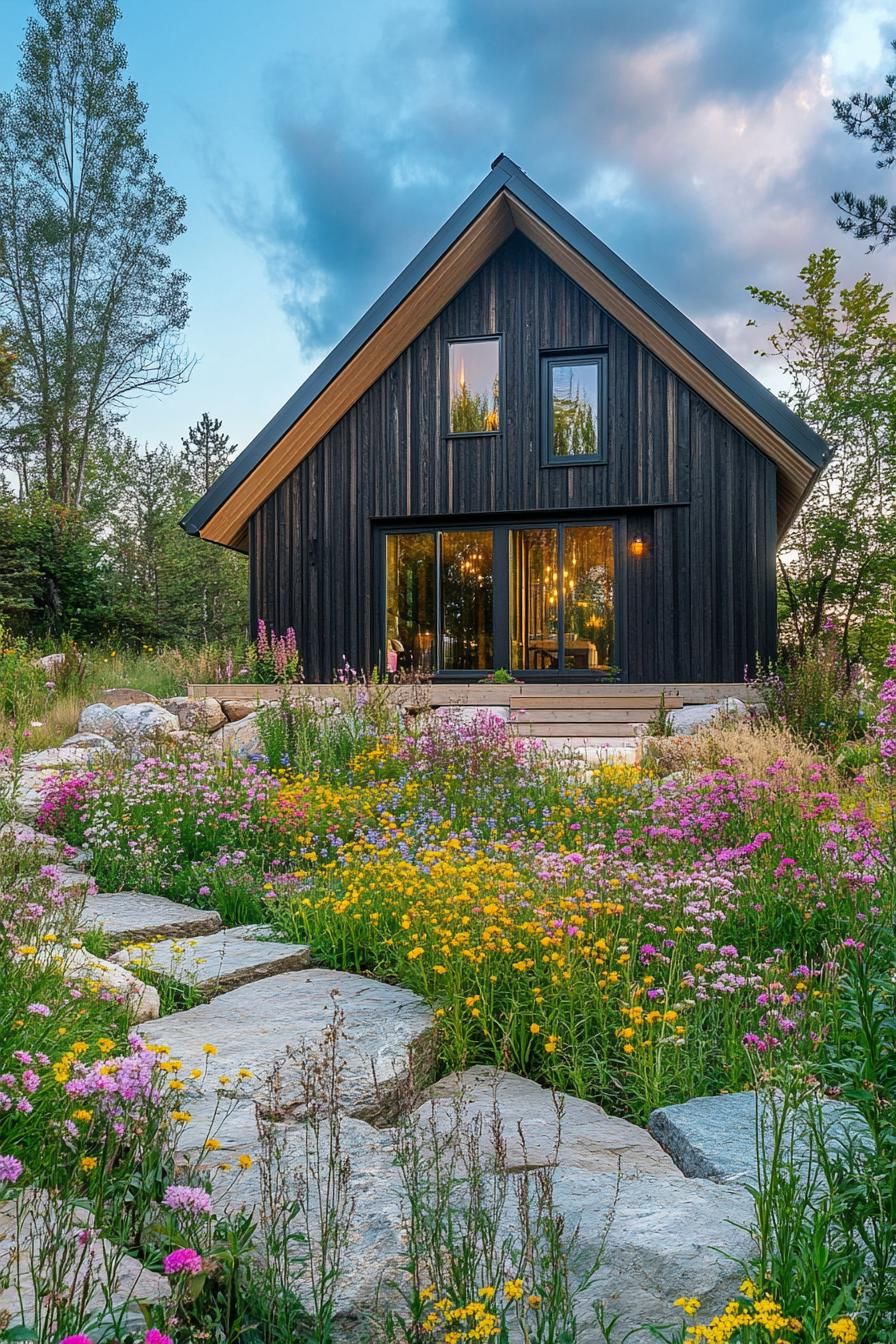 modern forest house barn style facade with wildflower garden 3