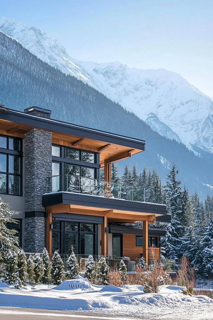 modern alpine style timber frame house facade with stucco and glass stunning snowy mountain in the background 2