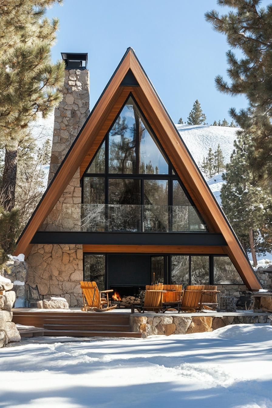 A frame modern mountain house with indoor and outdoor stone fireplace stunning snowy mountain views 2