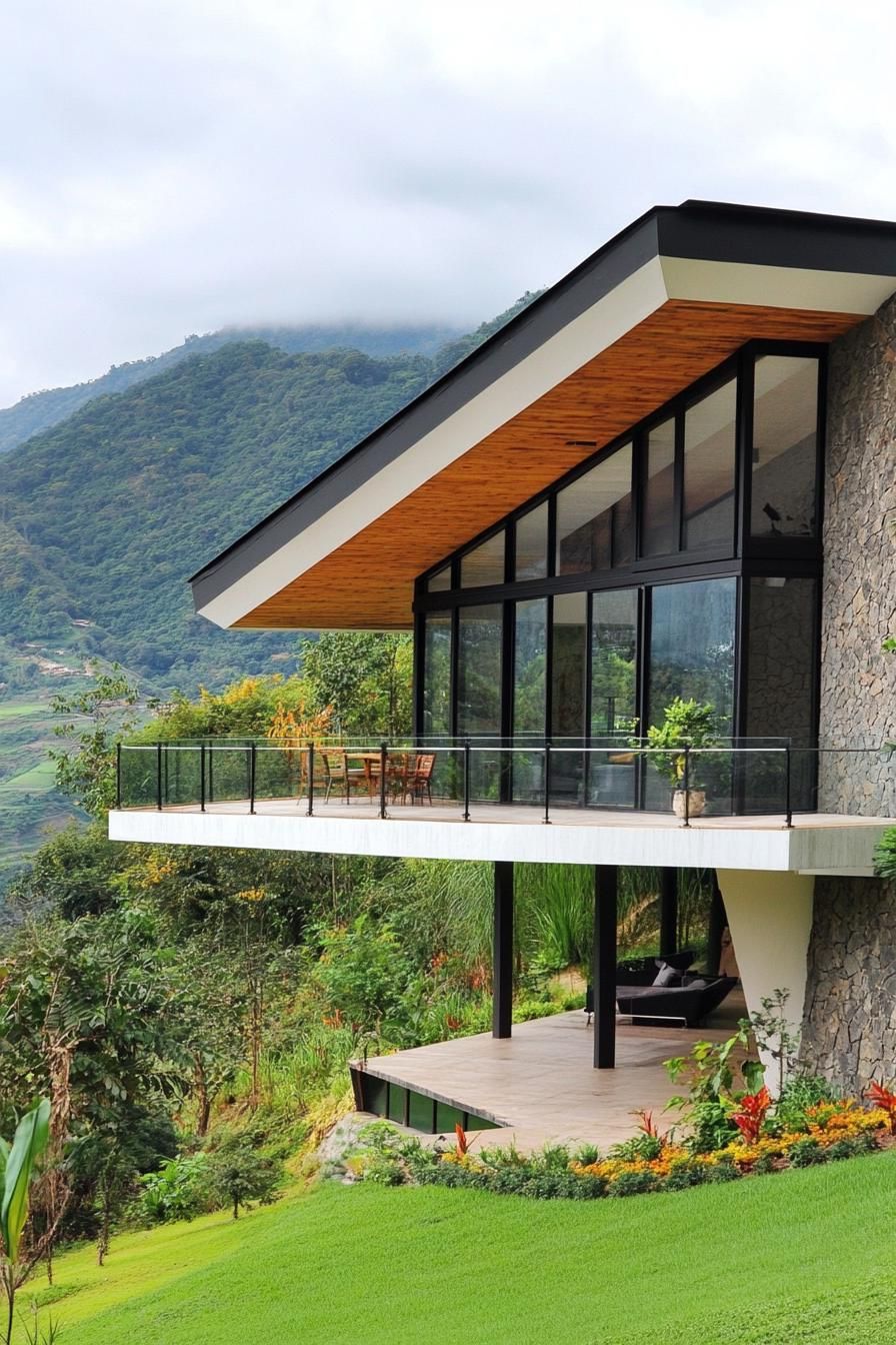 modern mountain cantilevered house geometric facade with infinity balcony overlooking green steep farmhouse hills 3