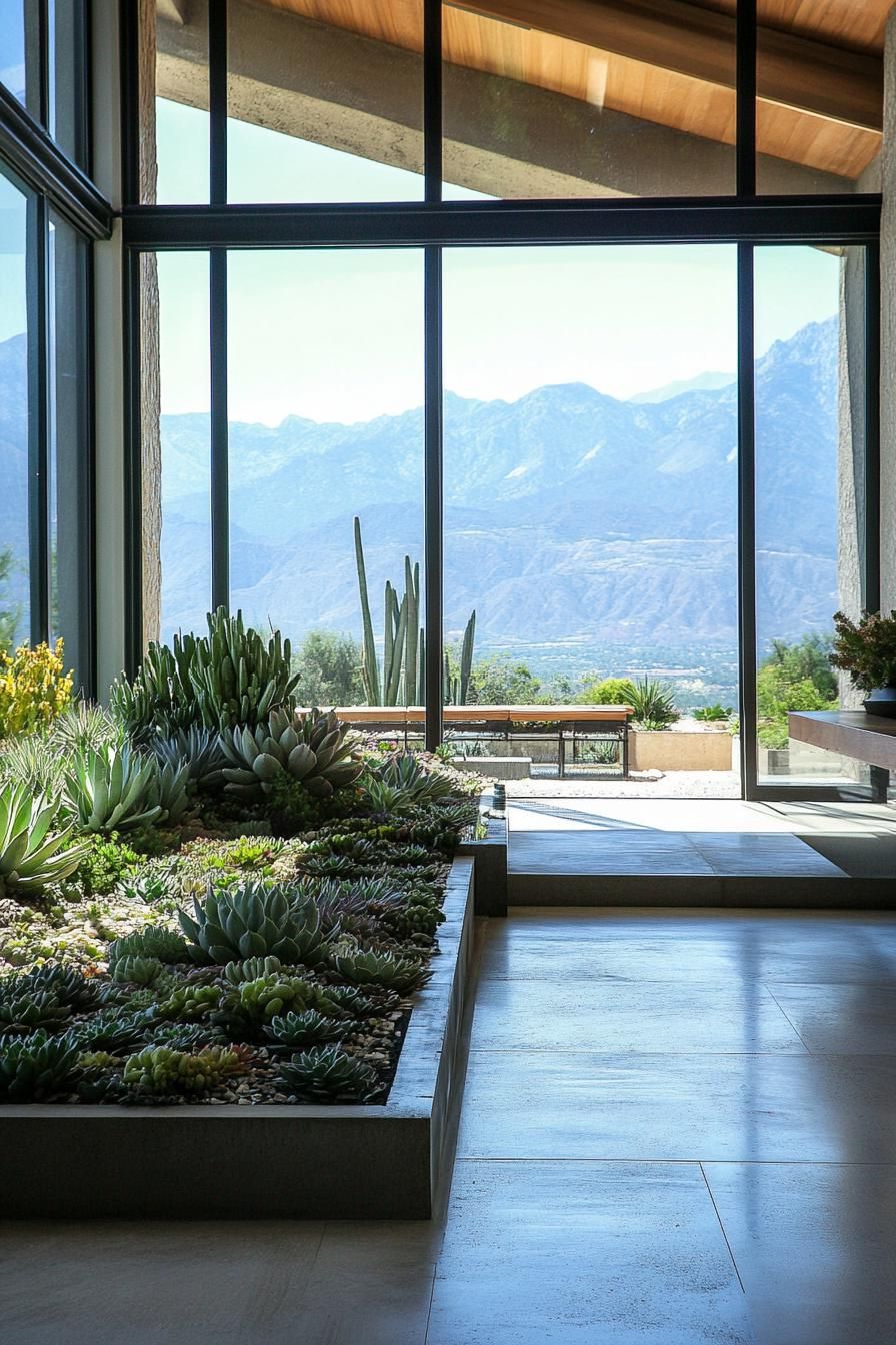 modern home interior garden with succulents large windw with mountain views