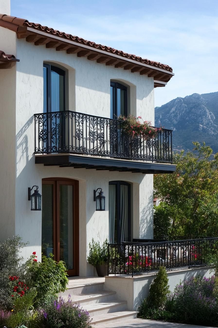 small modern mediterranean house facade with iron balconies mountian view 3