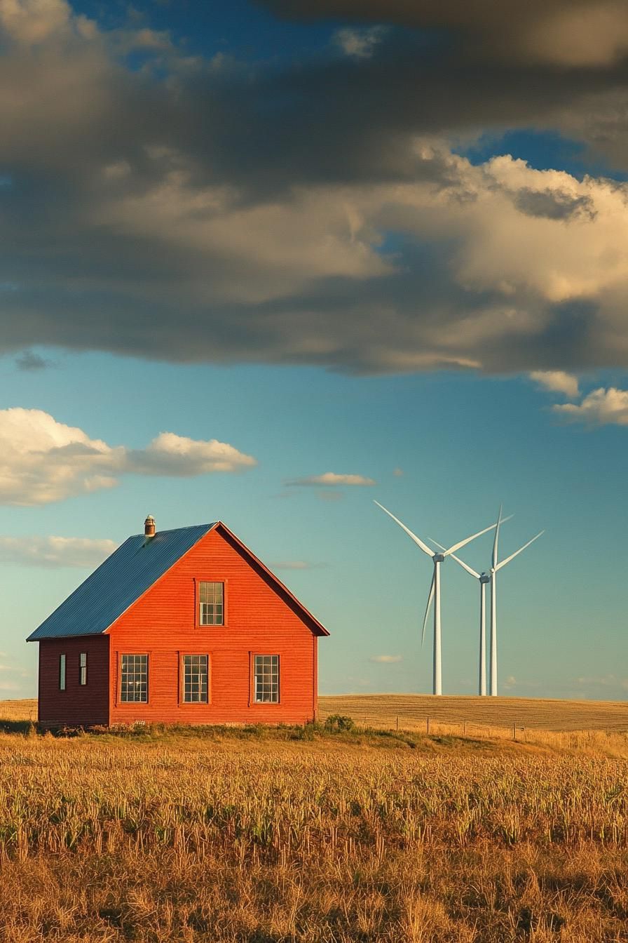 modern farmhouse with beautiful farmland with wind turbines