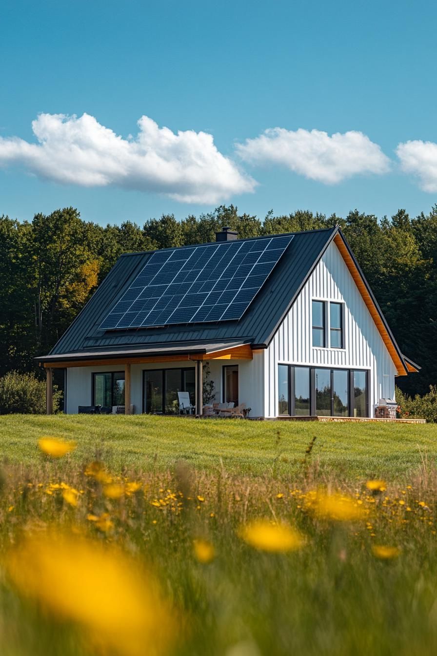 modern L shaped farmhouse gabled roof with solar panels in beautiful green open fields on a sunny day