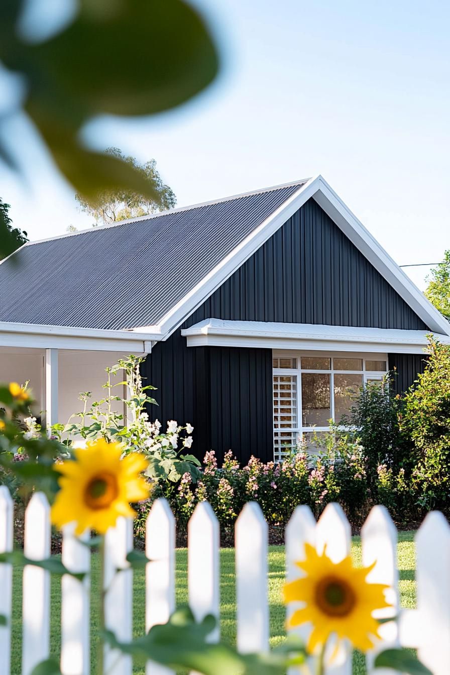 80s house modern makeover facade metal gable room shiplap cladding yard with white picket fence and a patch of sunflowers 2