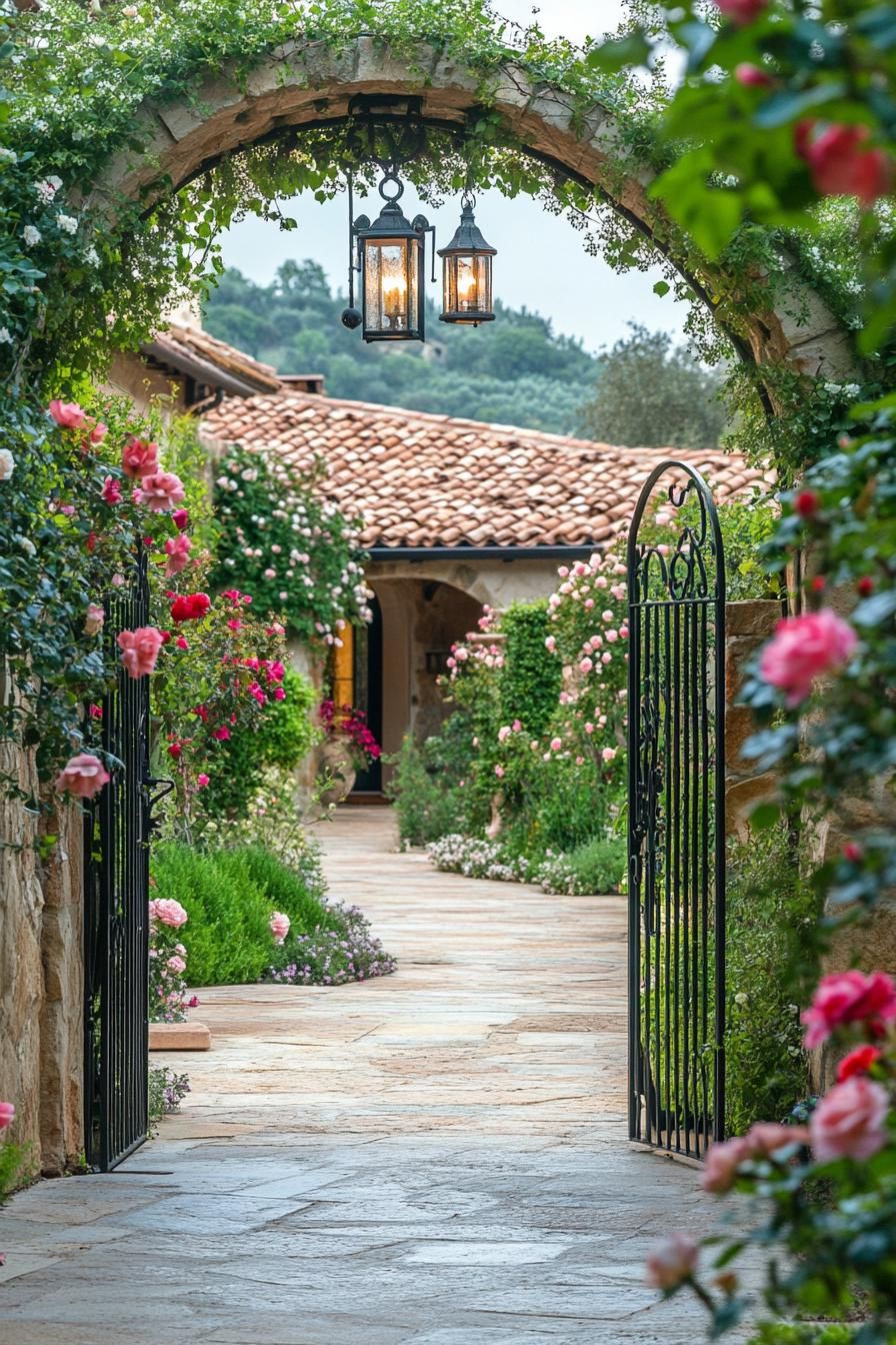 Gated Entry With Lantern-style Lighting