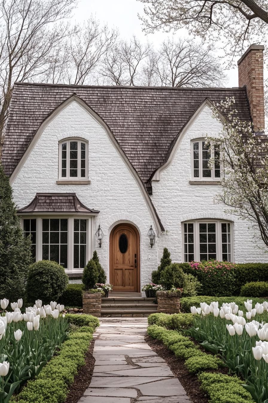 English cottage house white brick facade with white window tims cedar shingle roof arched front door small front yard with shrubs white tulips and stone pathway 2