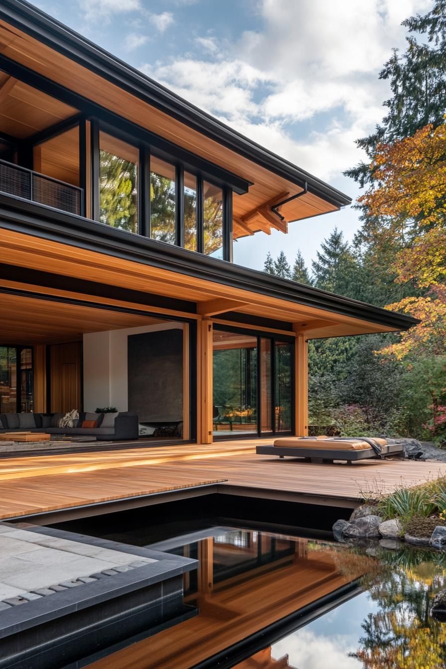 modern japanese style timber frame house facade with open timber frame large overhang and large deck with sitting area overlooking a beautiful lake down the hill 3