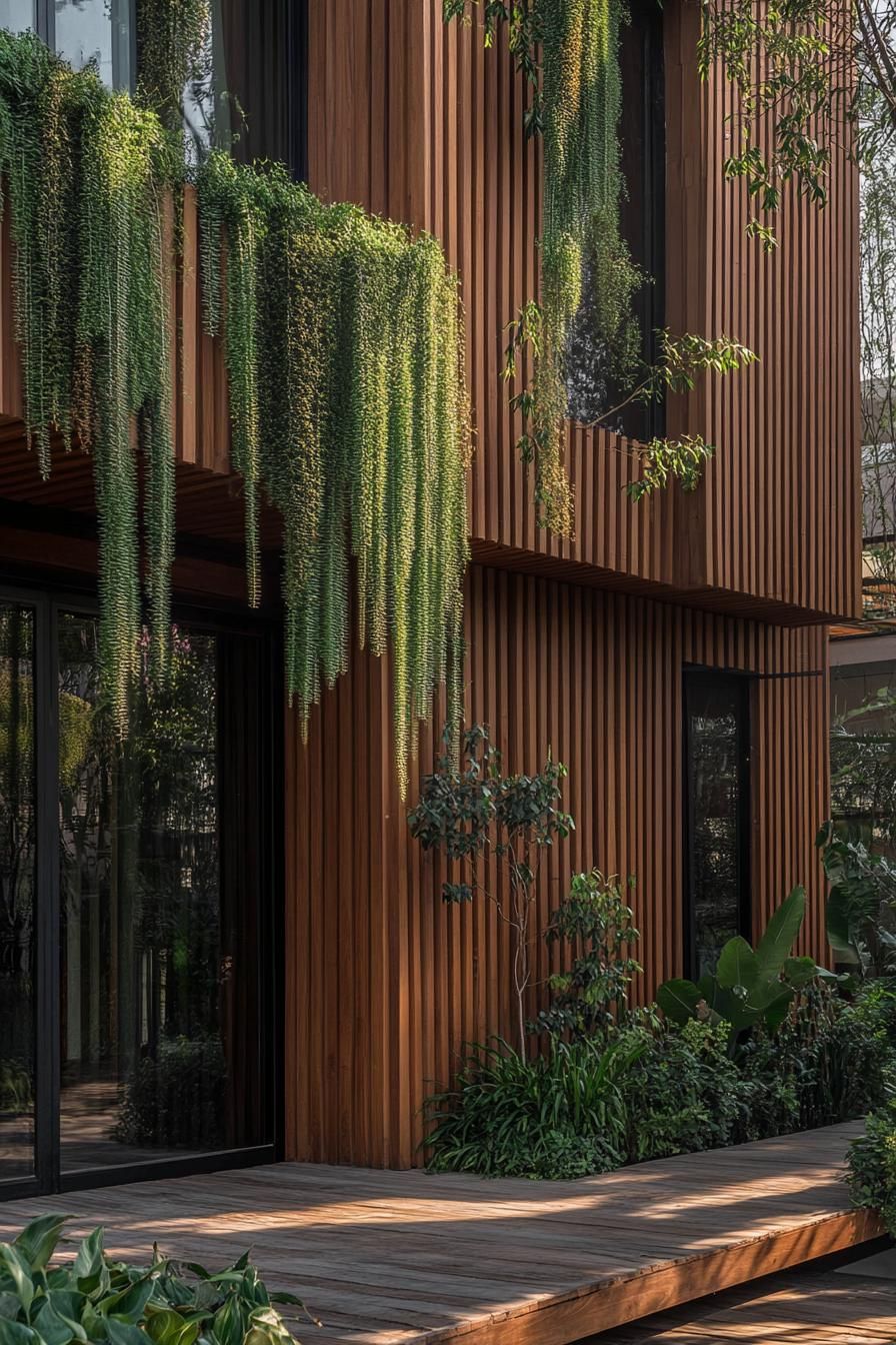 Textured Wooden Slats With Integrated Vertical Greenery