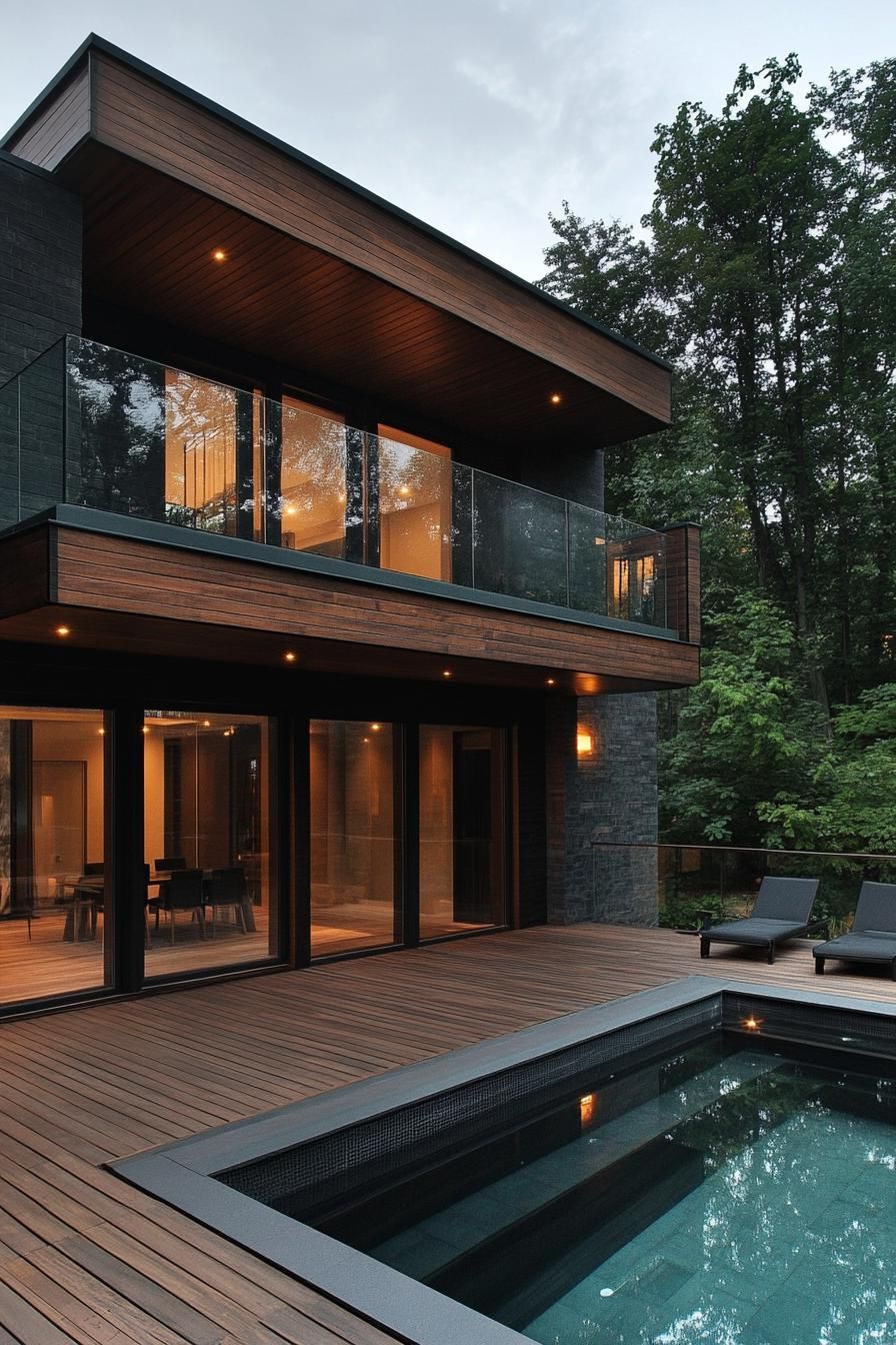 Dark-stained Timber With Minimalist Glass Railings