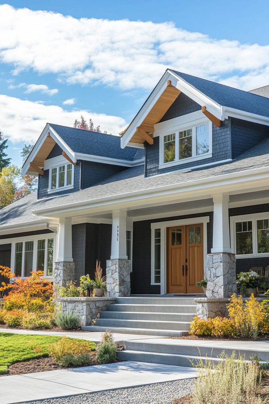 modern craftsman style house with grey siding double pitch roof with white trim and multiple dormers porch with columns and stone foundations 1