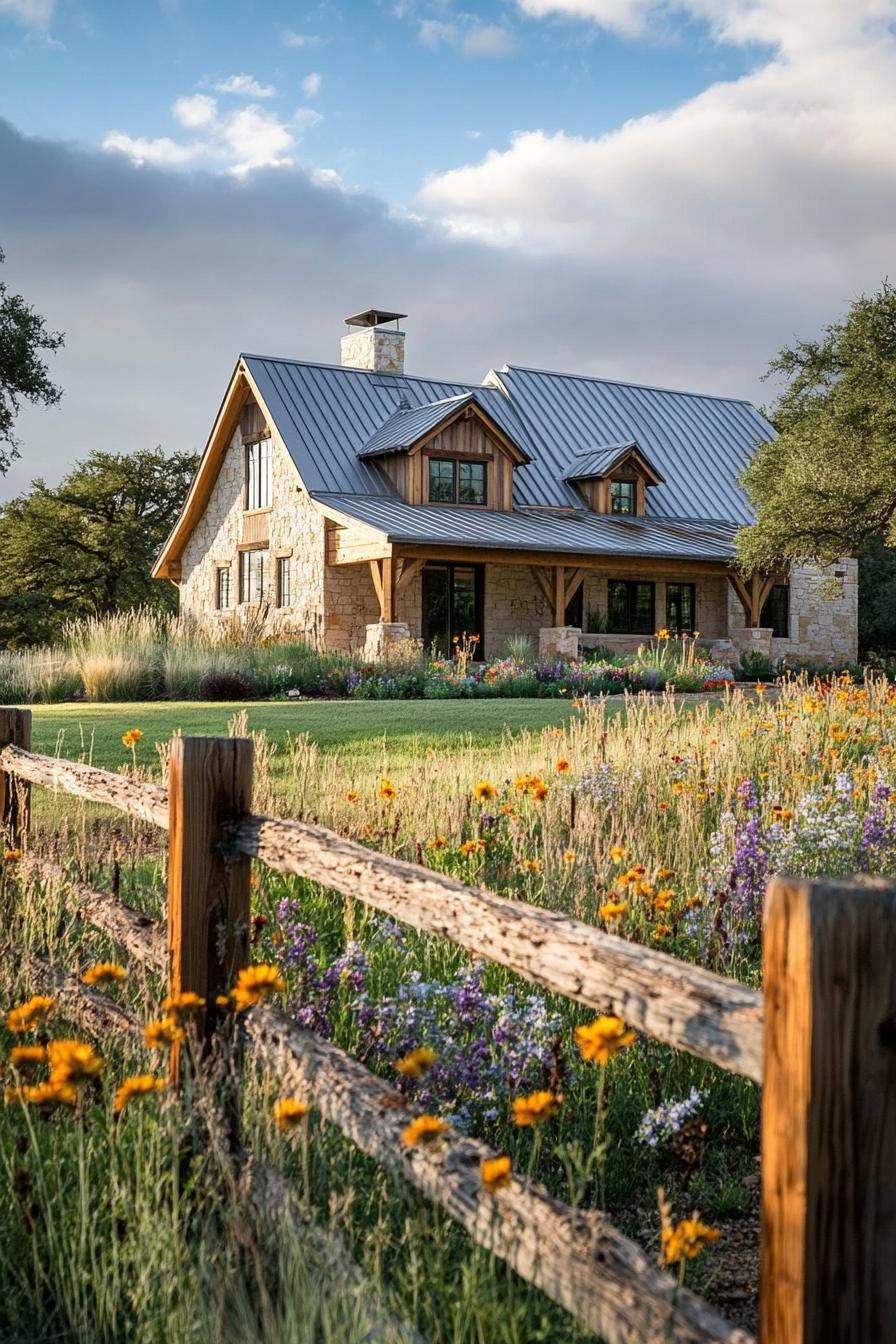 modern timber frame house facade with rusting timber and metal roof front yard with ranch fence and flower garden 3
