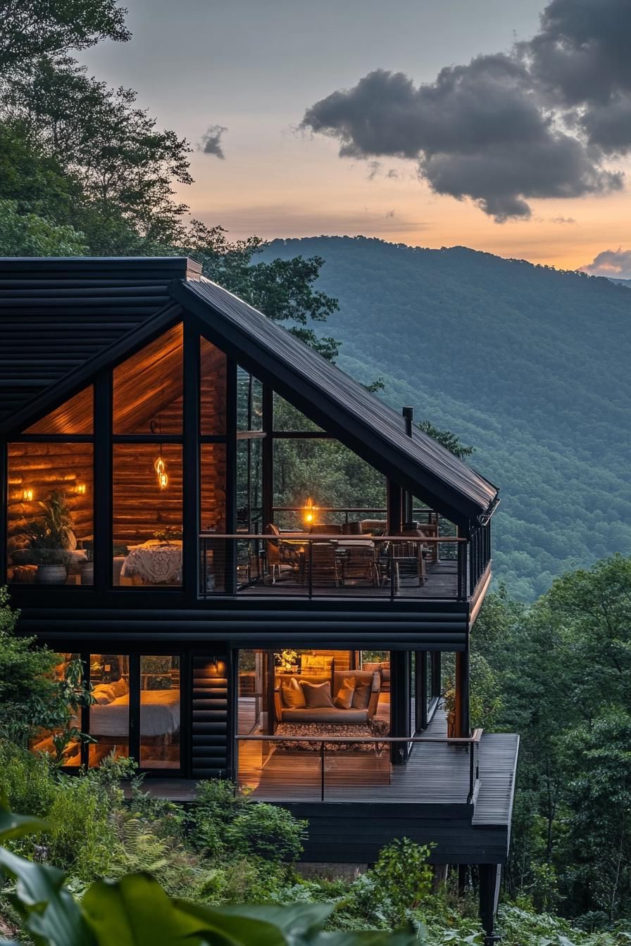 modern mountain black wood log cabin facade with floor to ceiling windows with stunning Appalachian mountain views 2