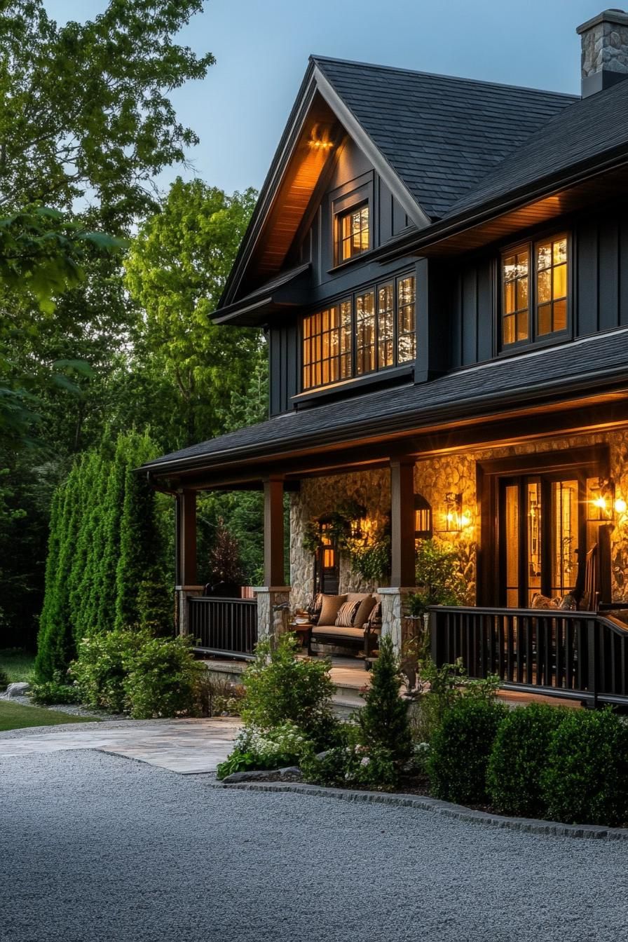English cottage porch with barn style lighting cozy seating large driveway with shrubs 3