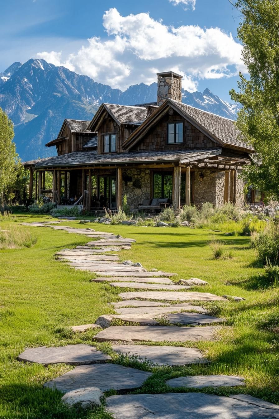 rustic two story ranch with porch stone paths grass rocky mountains in the background 1