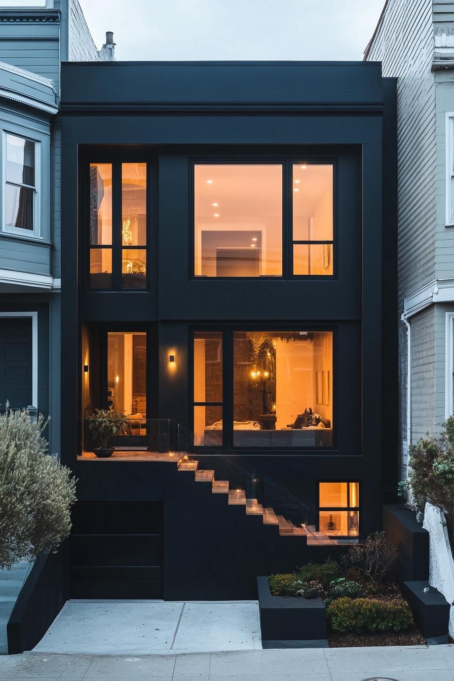 modern assymetrical black house facade with darkened glass windows and LED lighting 2