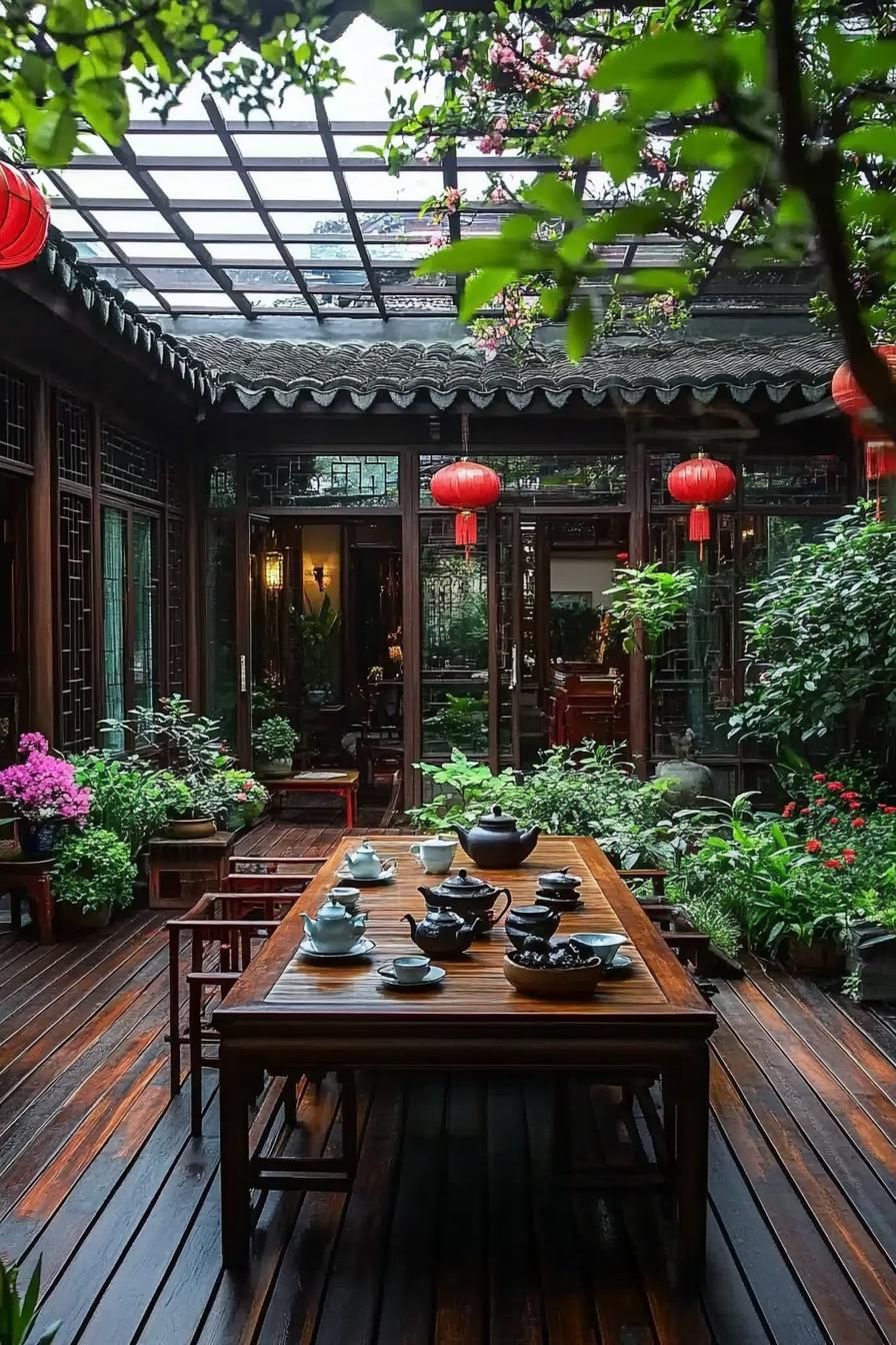 chinese house courtyard with large wooden table set with tea pots and tea cups hardwood deck there are plants and flowers roof with framed glass 3