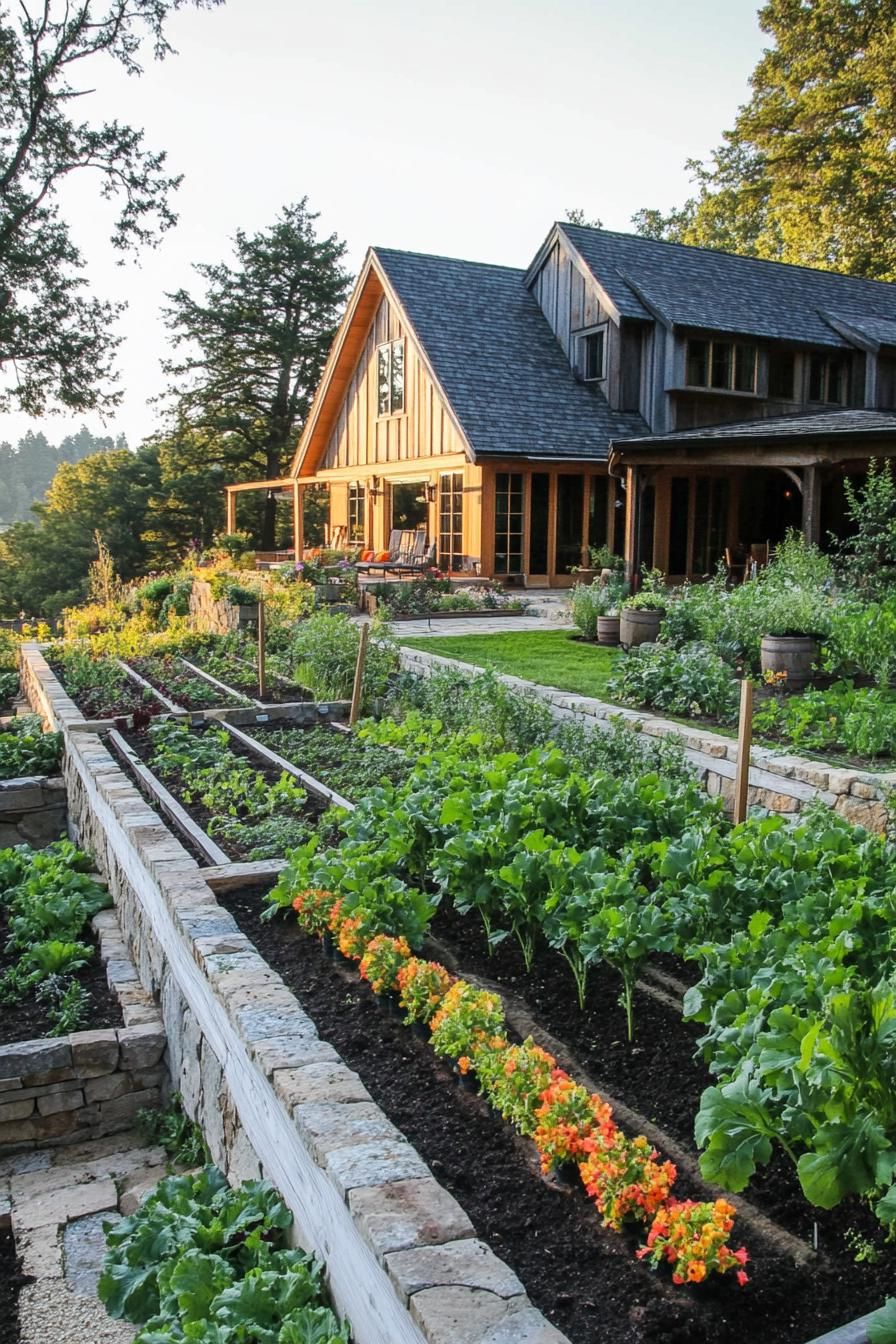 modern farmhouse with veggie gardens bordered with irrigation 2