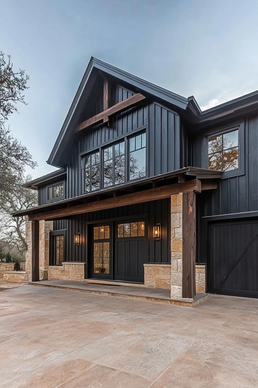modern barndominium house black shiplap exterior with dark wood beams 3