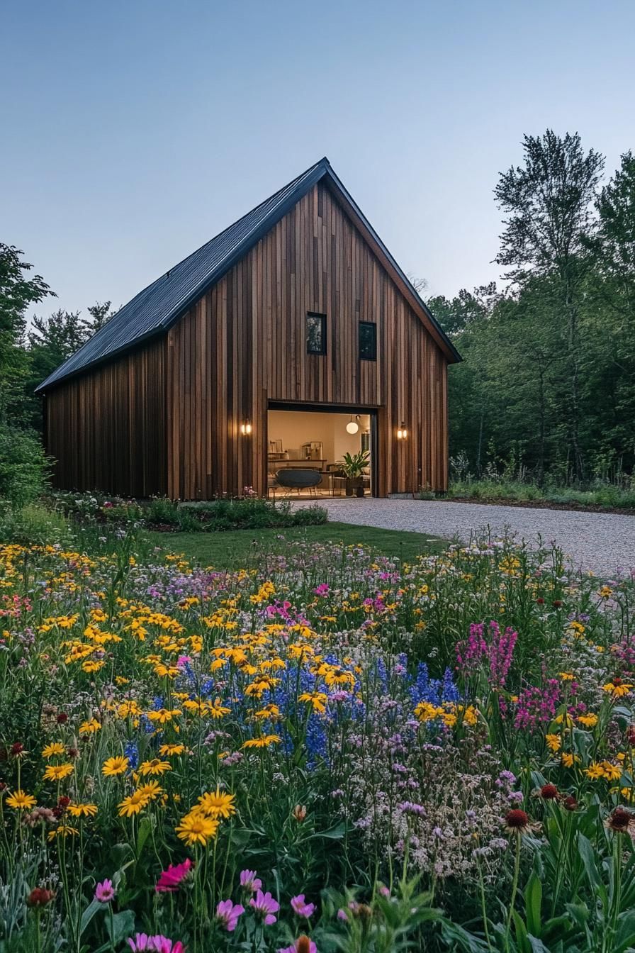 modern forest house barn style facade with wildflower garden 2