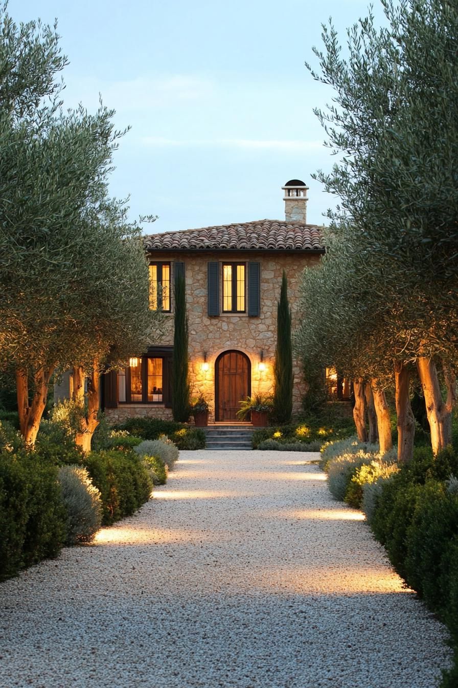 modern Tuscan mediterranean house with gravel driveway lined with olive trees 3