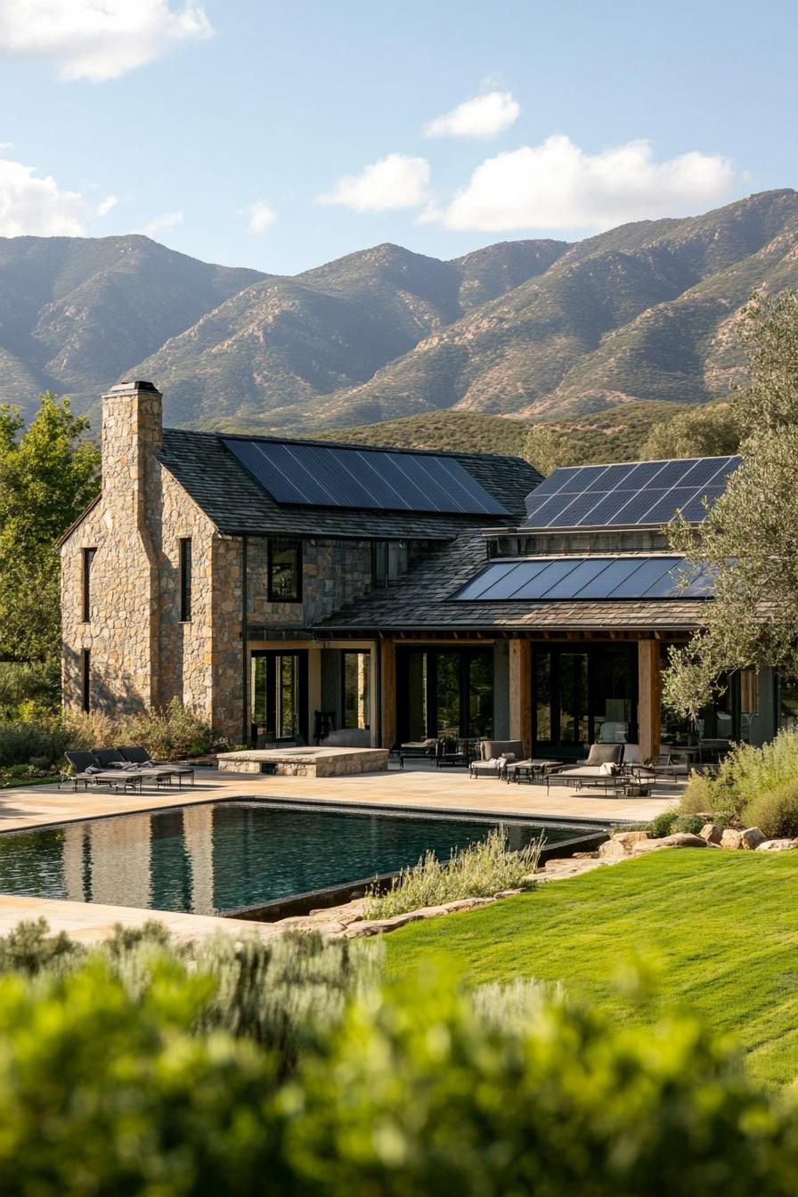 modern farmhouse with solar panel roof in beautiful green valley