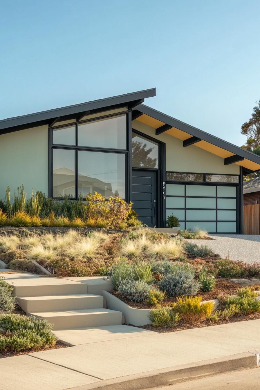 80s house symmetrical facade modern makover extrior walls pated in pastel paint traditional front yard 2