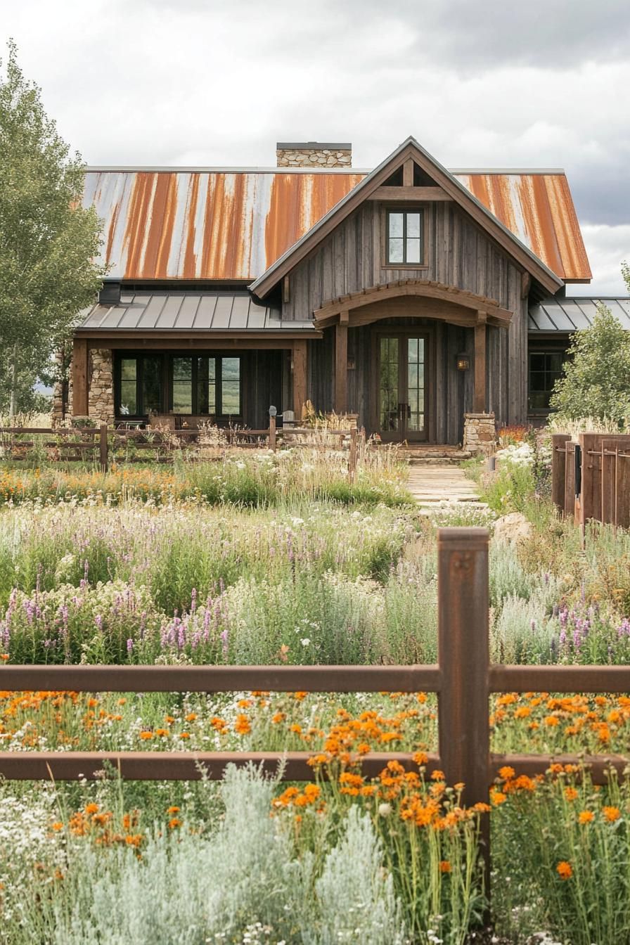 modern timber frame house facade with rusting timber and metal roof front yard with ranch fence and flower garden 2
