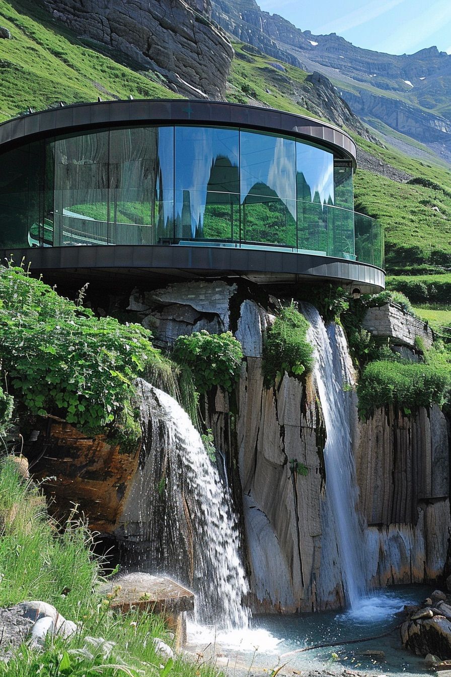 round cabin on waterfall