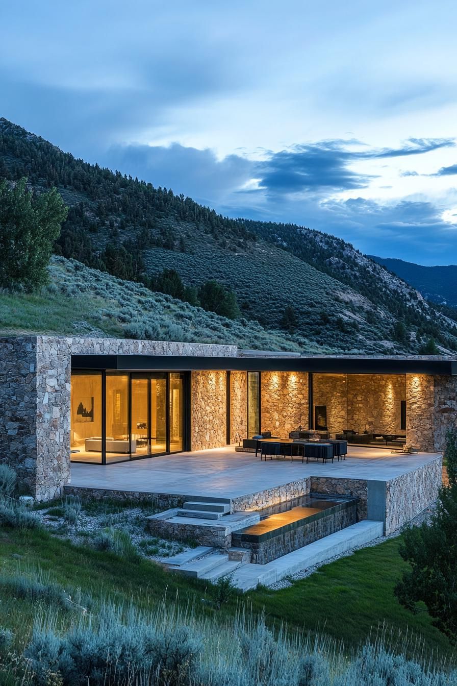 earth sheltered modern house stone facade built into hillside with overlooking stunning rocky mountains 3