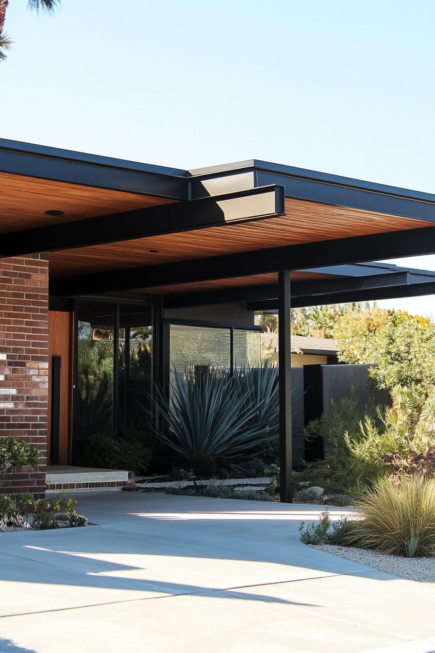 70s midcentury house facade with carport with flat canopy 3