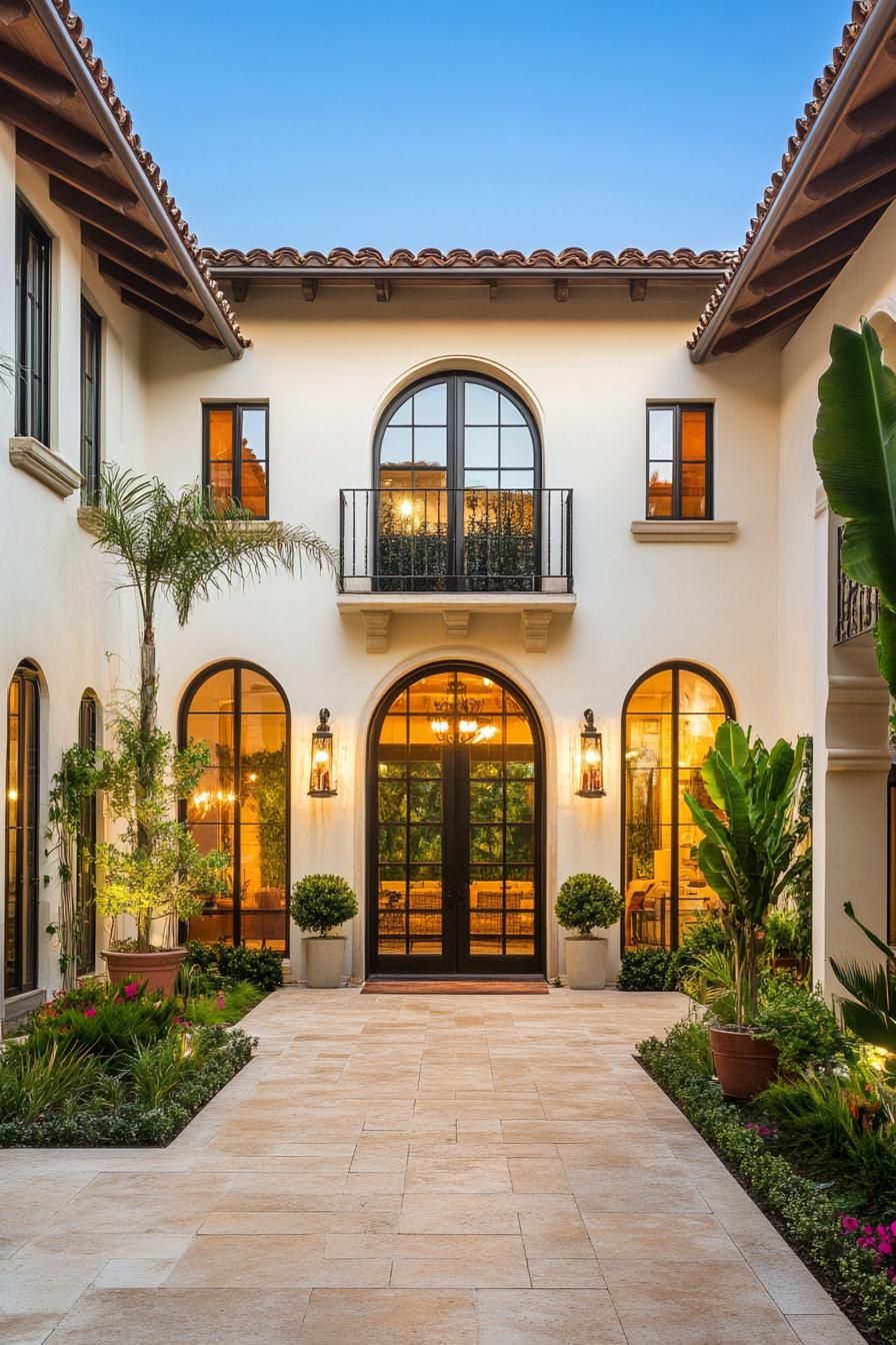 modern spanish villa courtyard French doors 3