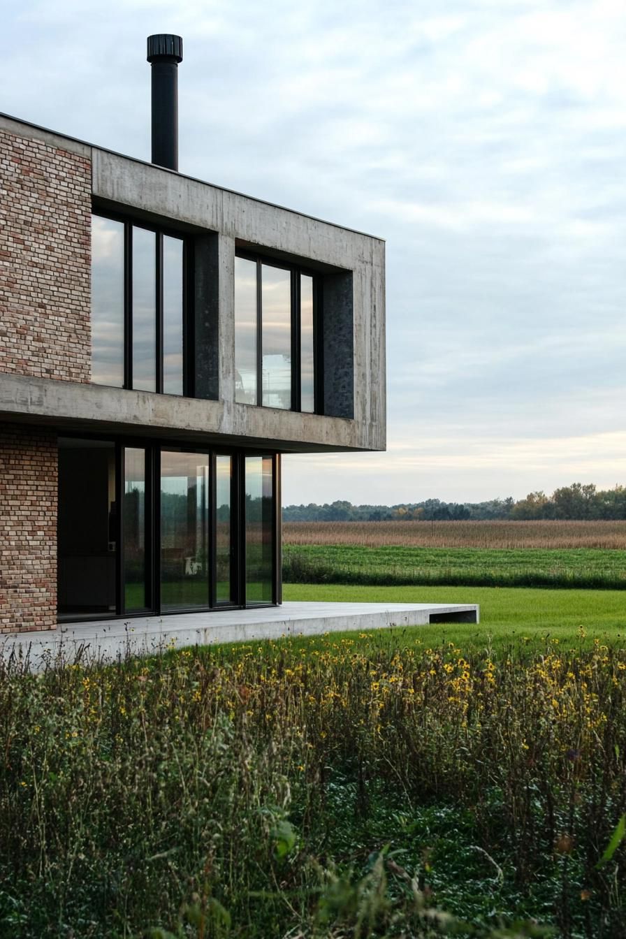 modern industrial home concrete and brick facade in picturesque fields 3