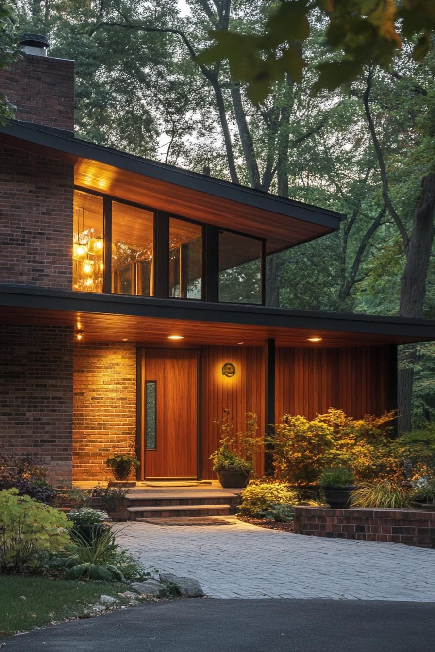 mid century modern 1950s style house facade with brick and wood accents 3