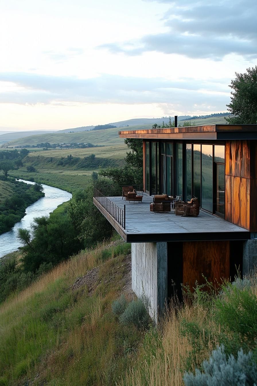 earth sheltered modern house facade built into hillside with reclaimed wood and metal accents overlooking a river down the hill