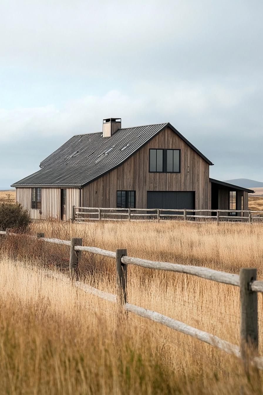 barn roof modern house in farm fields with ranch fence