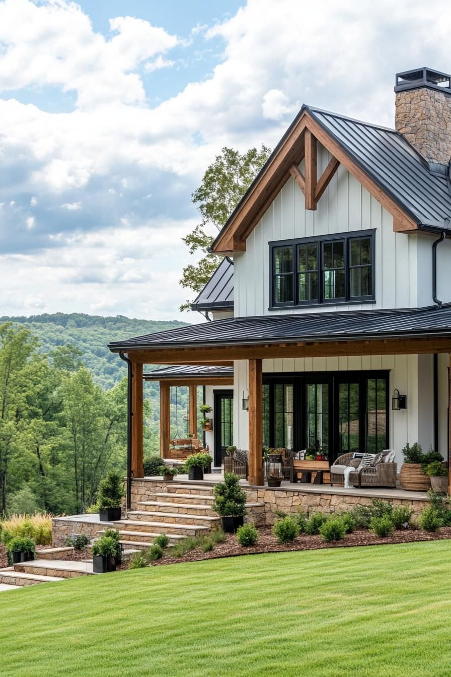 Wrap-around Porch With Rustic Wooden Beams