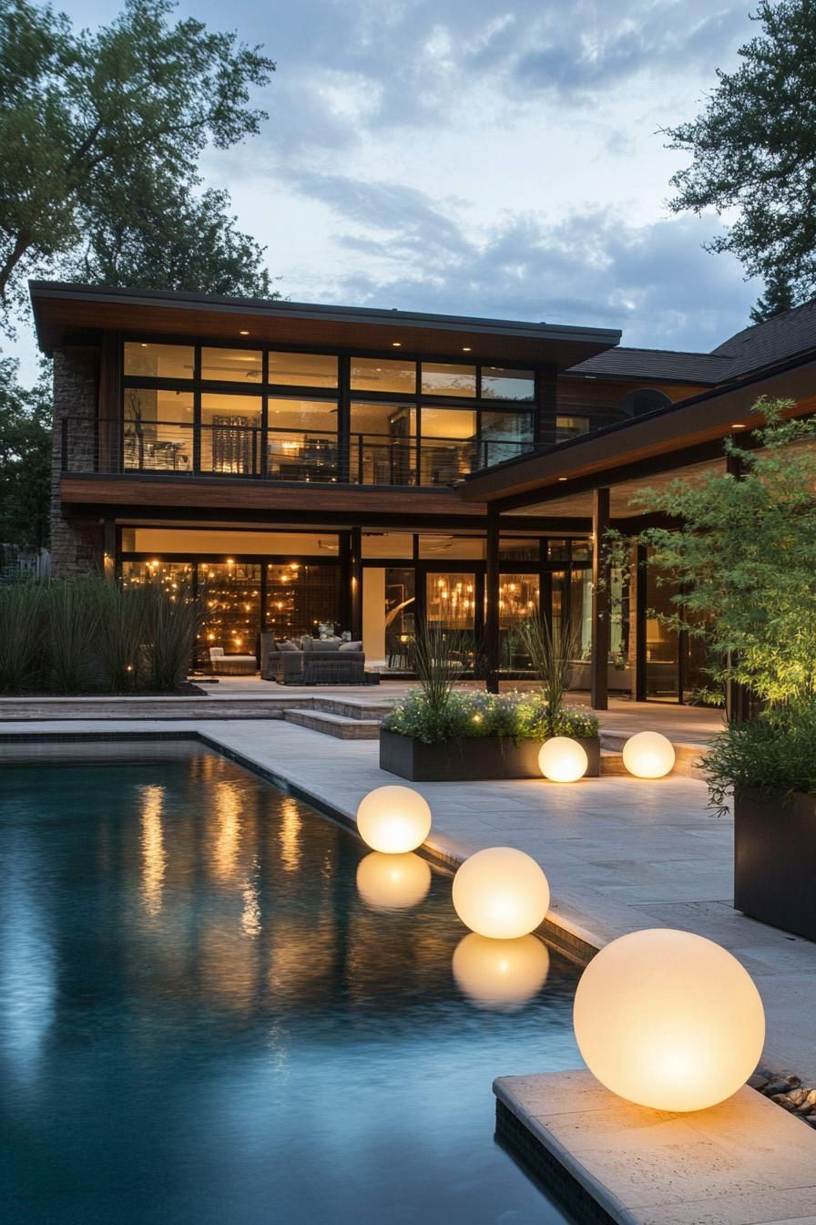 modern house backyard pool with floating light spheres