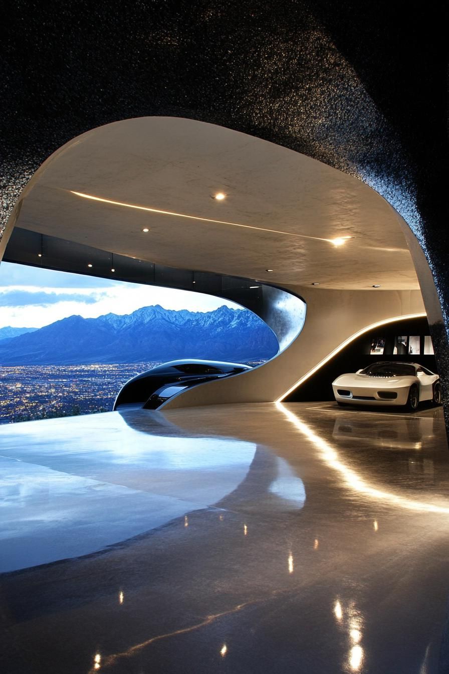 futuristic home garage with stunning mountain city views