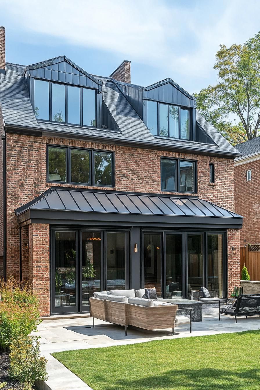 suburban brick house with multi pitch roof and large modern windows and patio