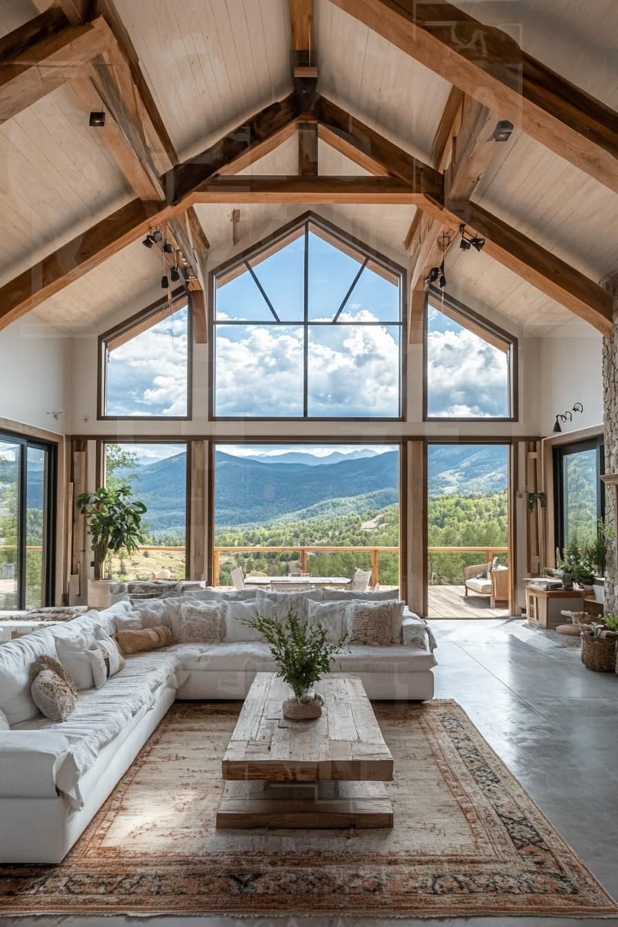 modern barn house vaulted ceiling with exposed wooden beams large windows with stunning mountain views 2