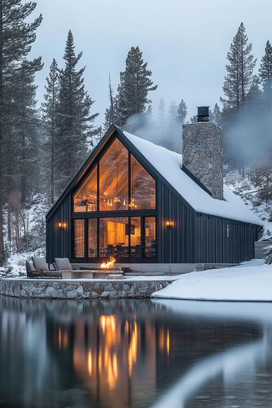 A modern and inviting cabin is nestled beside a tranquil lake surrounded by snow covered ground and tall slender pine trees. The cabin is