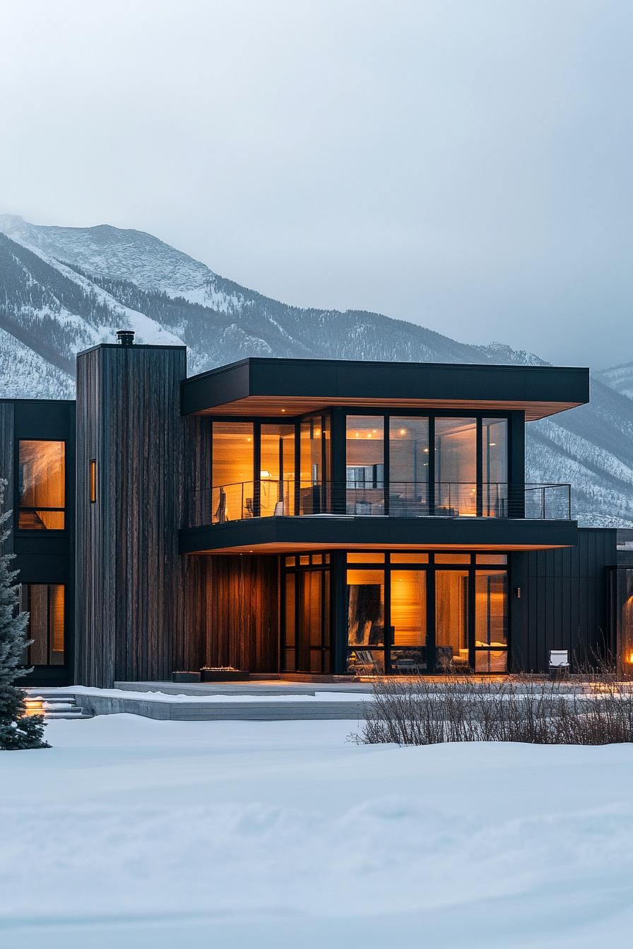 modern house with natural cedar shiplap exterior in charred wood finish winter mountains 2