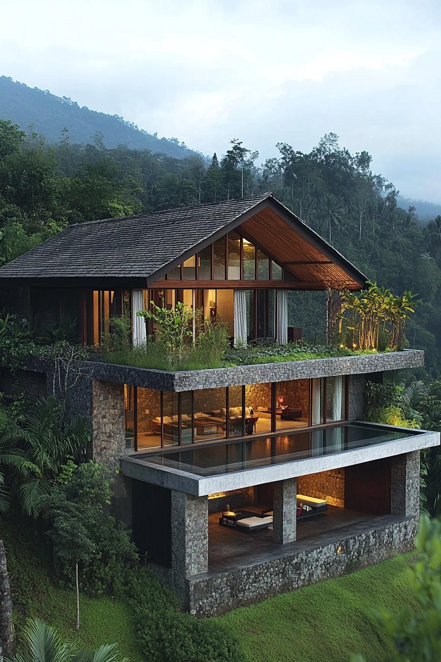 modern stone and timber house with roof garden in tropical Bali mountain landscape 2