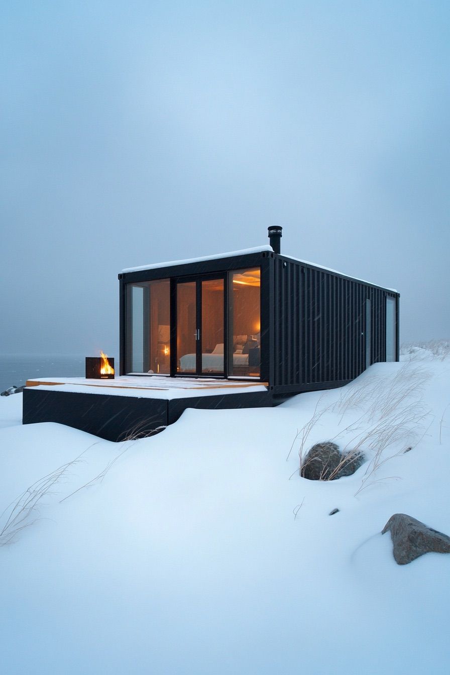 shipping container cabin winter 2