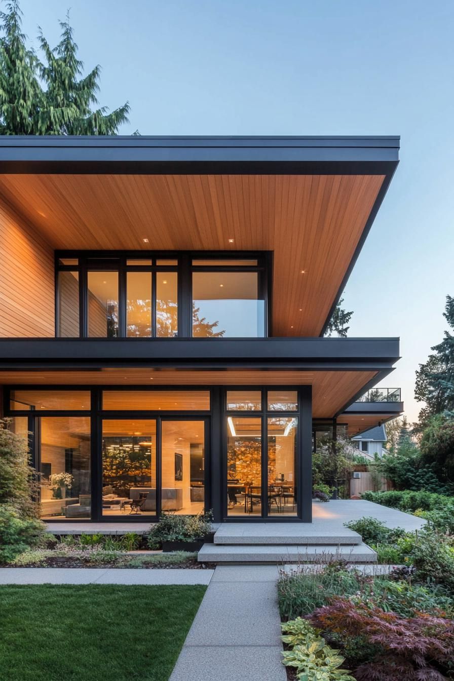 modern wood duplex house facade with larges roof eaves and large geometric deck cover connecting the two duplex house sections 2