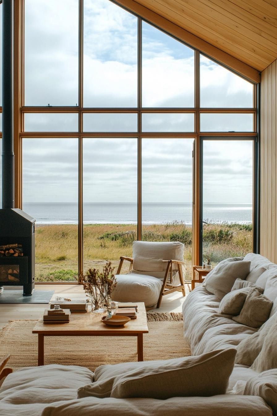 modern English cottage interior with large windows overlooking English sea shore 3